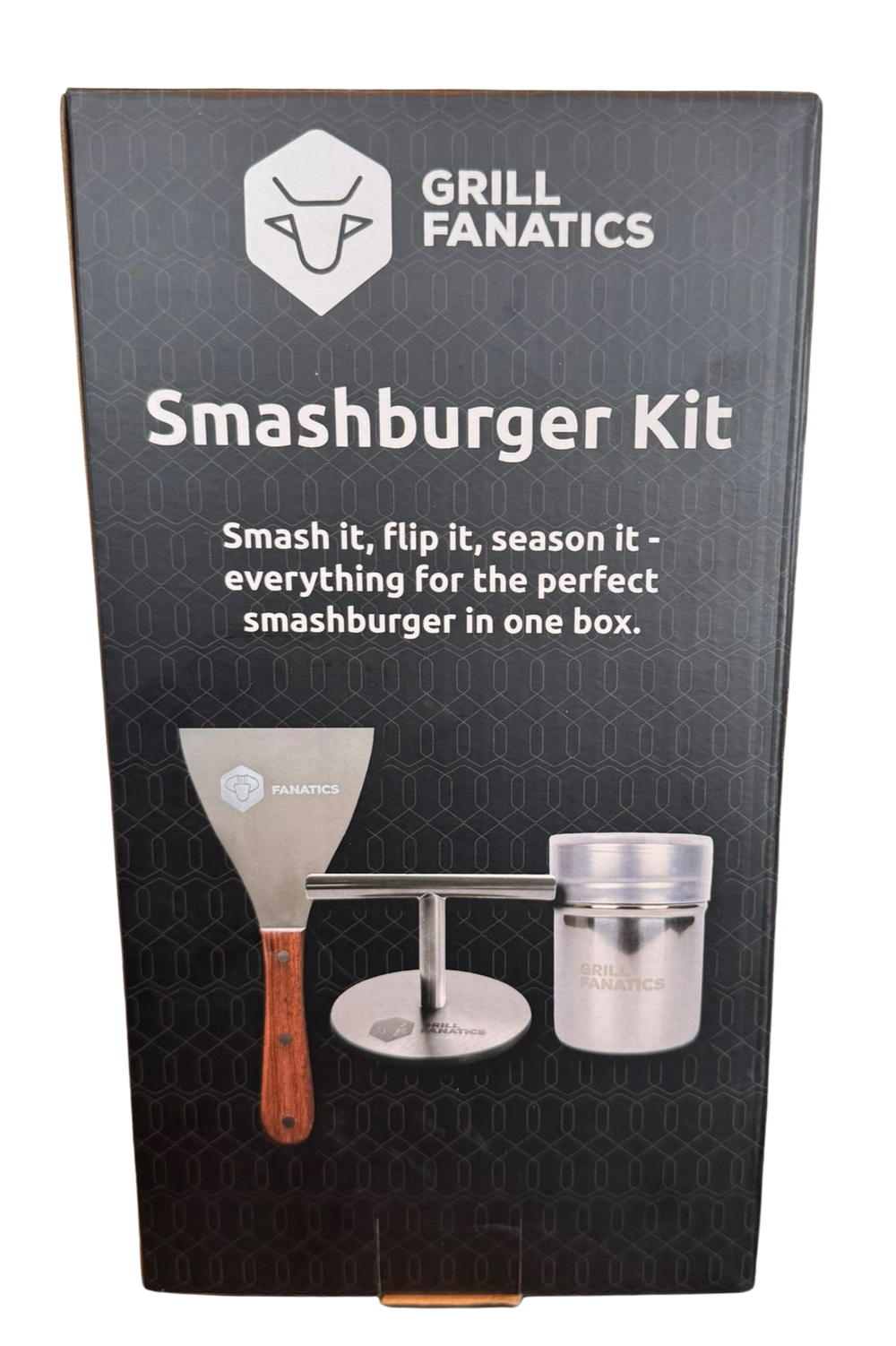 Grill Fanatics Smashburger Kit 12cm Edelstahl Holz - Presse Spatel Gewürzstreuer
