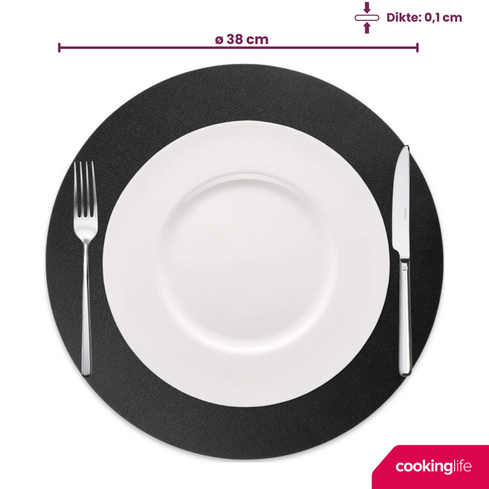 Cookinglife Tischsets - Doppelseitig - Veganes Leder - Cognac / Schwarz ø 38 cm - 6 Stück