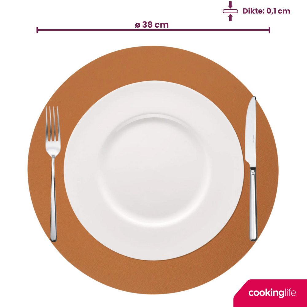 Cookinglife Tischsets - Doppelseitig - Veganes Leder - Cognac / Schwarz ø 38 cm - 6 Stück