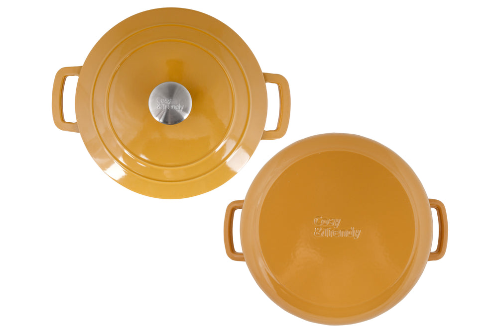 Cosy & Trendy Braadpan met deksel Fontestic Gietijzer Amber Gold ø 28 cm / 6.8 Liter - bovenaanzicht en onderaanzicht