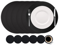 Cookinglife 6 Platzsets + 6 Untersetzer - Rund - Veganes Leder - Schwarz - 12 Stück
