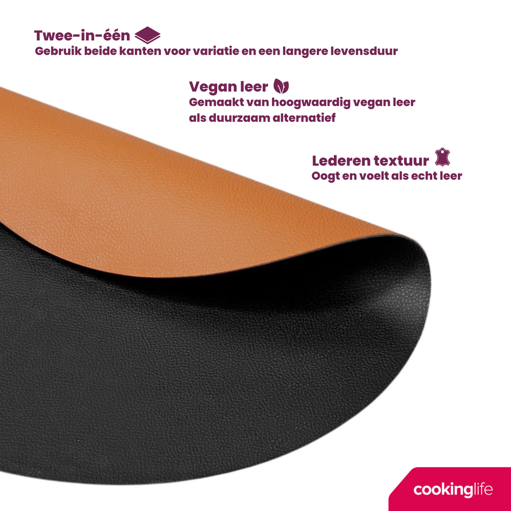 Cookinglife Tischsets - Doppelseitig - Veganes Leder - Cognac / Schwarz ø 38 cm - 6 Stück