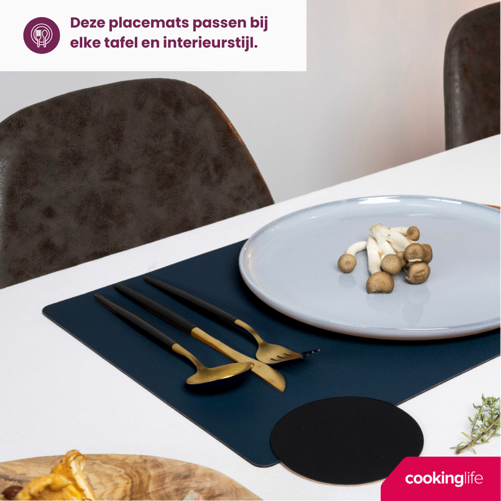 Cookinglife Tischsets - Doppelseitig - Veganes Leder - Grau / Blau 46 x 33 cm - 6 Stück