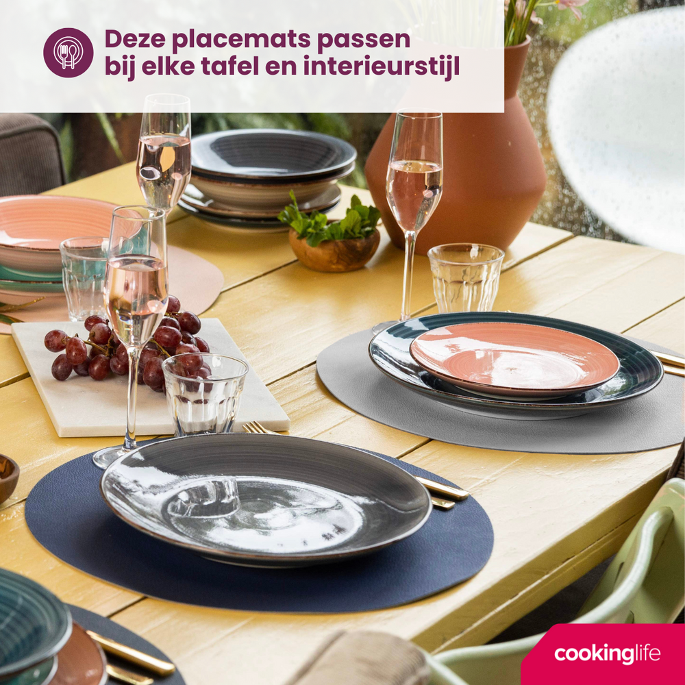 Cookinglife Tischsets - Doppelseitig - Veganes Leder - Grau / Blau ø 38 cm - 6 Stück