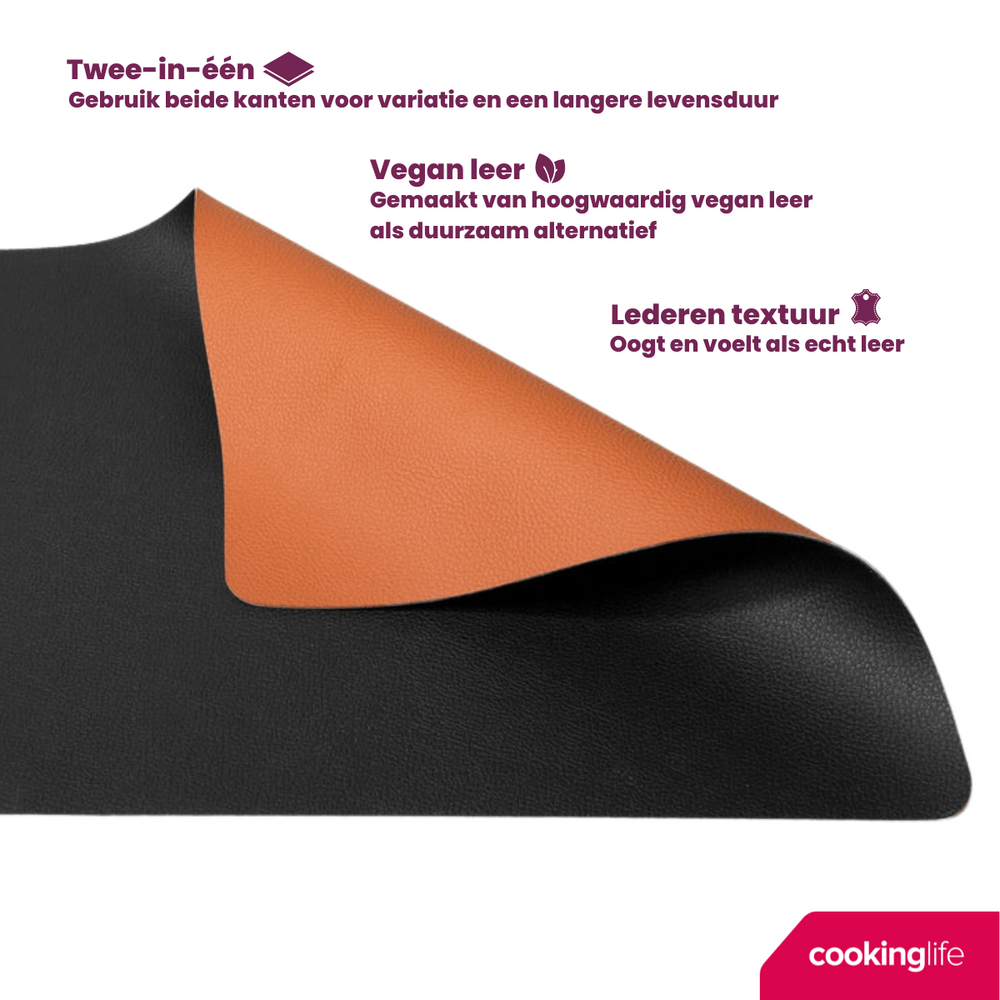 Cookinglife 6 Platzsets + 6 Untersetzer - Doppelseitig - Veganes Leder - Schwarz / Cognac - 12 Stück