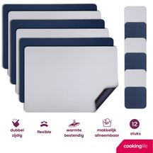 Cookinglife 6 Platzsets + 6 Untersetzer - Doppelseitig - Veganes Leder - Blau / Grau