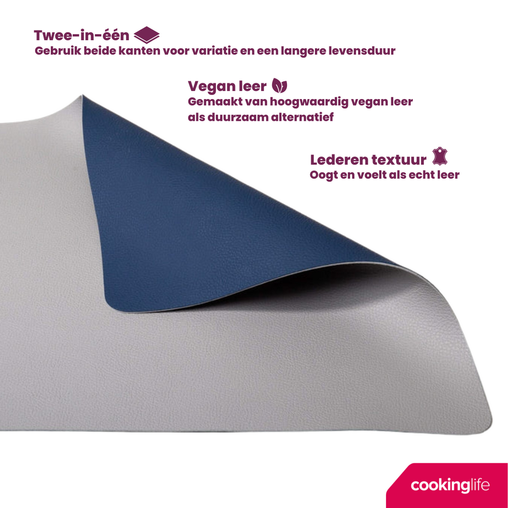 Cookinglife 6 Platzsets + 6 Untersetzer - Doppelseitig - Veganes Leder - Blau / Grau