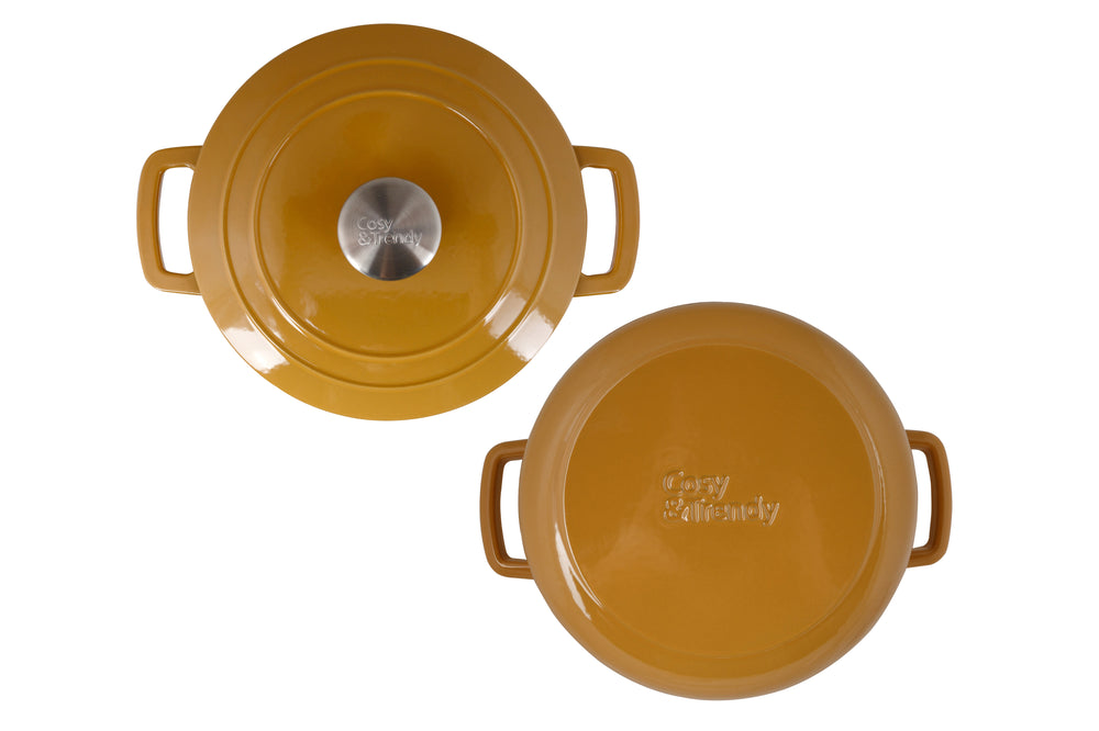 Cosy & Trendy Braadpan met deksel Fontestic Gietijzer Amber Gold ø 24 cm / 4.6 Liter - bovenaanzicht en onderaanzicht