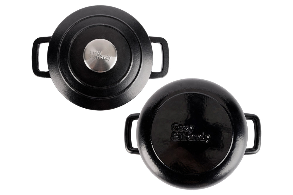 Cosy & Trendy Braadpan met deksel Fontestic Gietijzer Black ø 20 cm / 2.7 Liter - bovenaanzicht en onderaanzicht