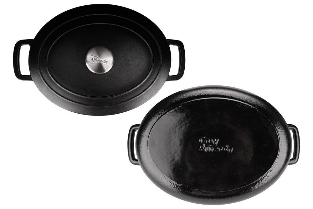 Cosy & Trendy Braadpan met deksel Fontestic Gietijzer Black Ovaal - 31 x 24 cm / 6 Liter - bovenaanzicht en onderaanzicht