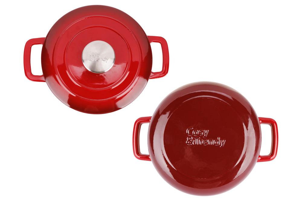 Cosy & Trendy Braadpan met deksel Fontestic Gietijzer Traditional Red ø 20 cm / 2.7 Liter - bovenaanzicht en onderaanzicht