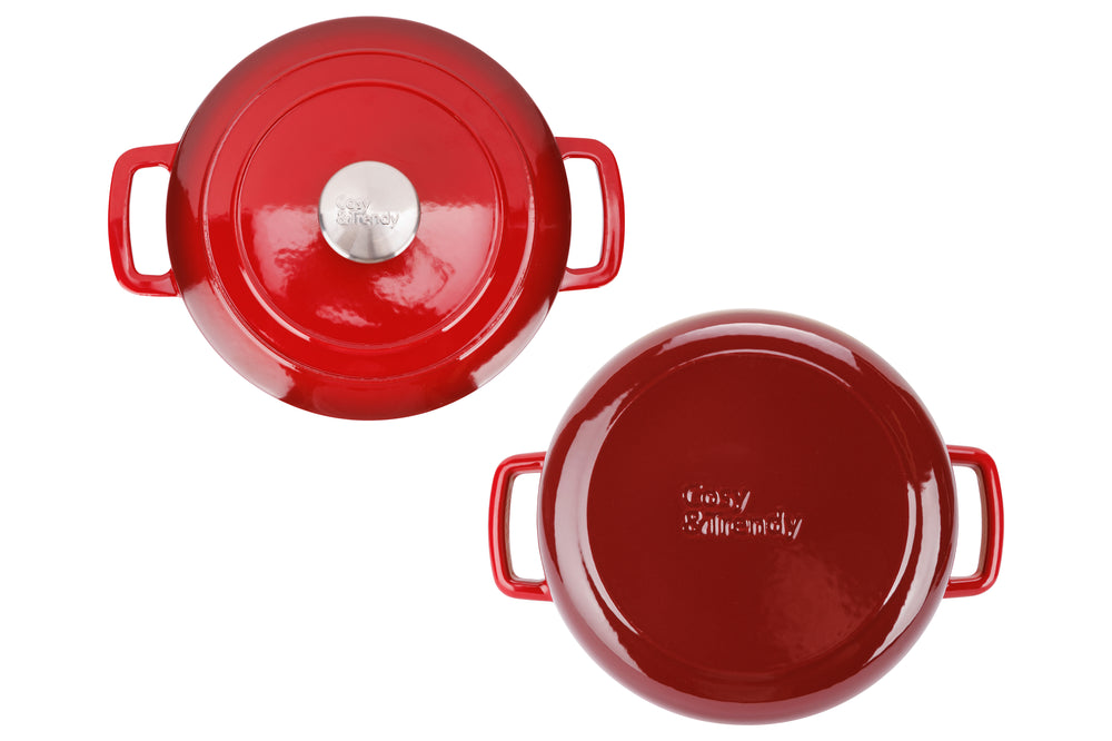 Cosy & Trendy Braadpan met deksel Fontestic Gietijzer Traditional Red ø 24 cm / 4.6 Liter - bovenaanzicht en onderaanzicht