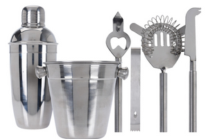 Cookinglife Barset RVS 6-teilig - Cocktailshaker, Eiseimer, Sieb, Flaschenöffner, Zange und Messer
