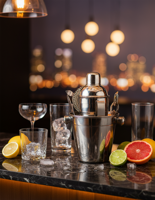 Cookinglife Barset RVS 6-teilig - Cocktailshaker, Eiseimer, Sieb, Flaschenöffner, Zange und Messer