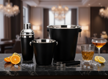 Cookinglife Barset Schwarz 4-teilig - Cocktailshaker, Champagnerkühler, Eiskübel und Zange