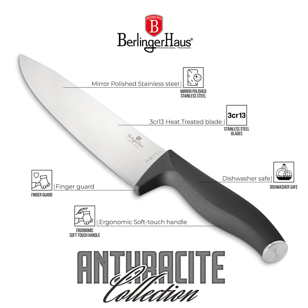 BerlingerHaus Messerblock Matt Anthrazit Rund 6-teilig - Kochmesser, Brotmesser, Santokumesser, Officemesser & Schälmesser