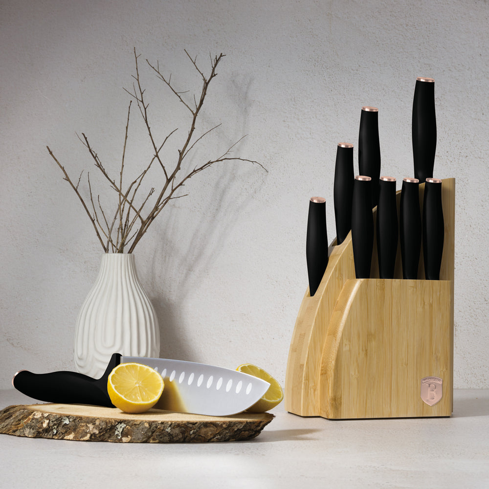 BerlingerHaus Messerblock Schwarz Roségold 10-teilig - Kochmesser, Brotmesser, Santokumesser, Officemesser, Schälmesser & 4 Steakmesser