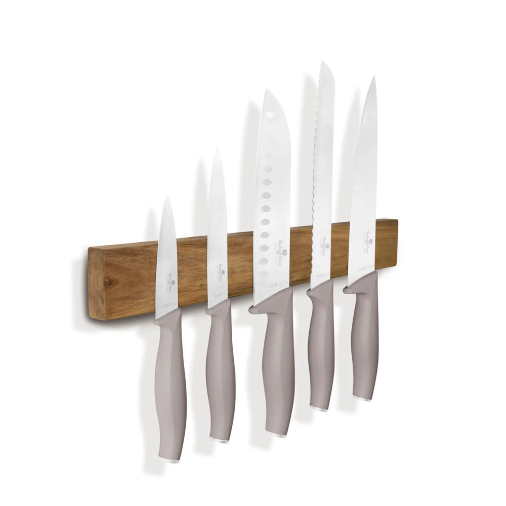 BerlingerHaus Messerset mit Messermagnetleiste Acaciahout Taupe - 6-teilig - Kochmesser, Brotmesser, Santokumes, Officemesser & Schälmesser