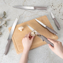 BerlingerHaus Messerset mit Schneidebrett Taupe 6-teilig - Kochmesser, Brotmesser, Fleischmesser, Officemesser & Schälmesser