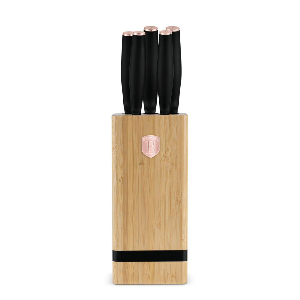 BerlingerHaus Messerblock Schwarz Roségold 6-teilig - Kochmesser, Brotmesser, Santokumesser, Officemesser & Schälmesser