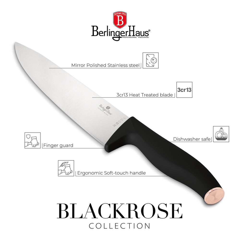 BerlingerHaus Messerblock Schwarz Roségold 6-teilig - Kochmesser, Brotmesser, Santokumesser, Officemesser & Schälmesser
