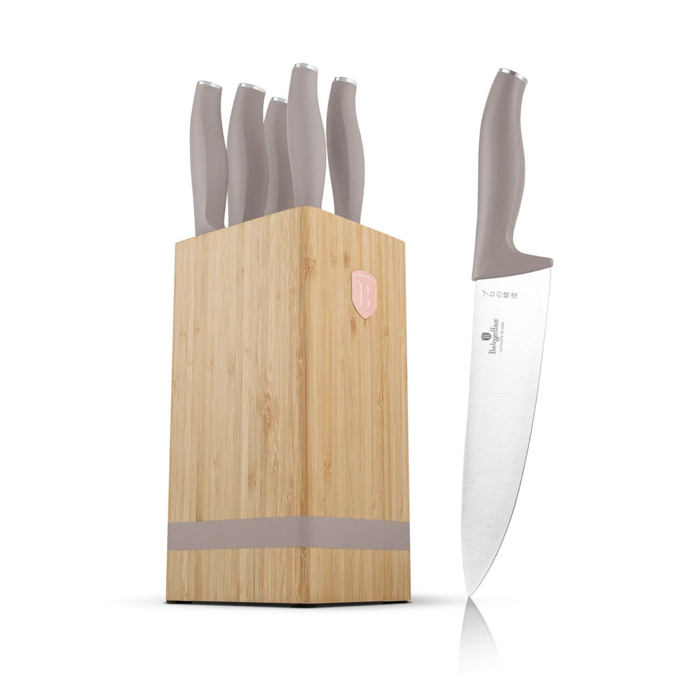 BerlingerHaus Messerblock Taupe 6-teilig - Kochmesser, Brotmesser, Santokumesser, Officemesser & Schälmesser