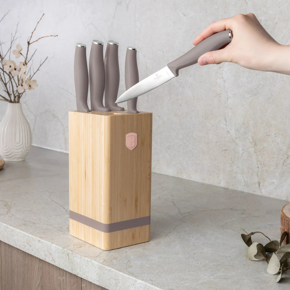 BerlingerHaus Messerblock Taupe 6-teilig - Kochmesser, Brotmesser, Santokumesser, Officemesser & Schälmesser