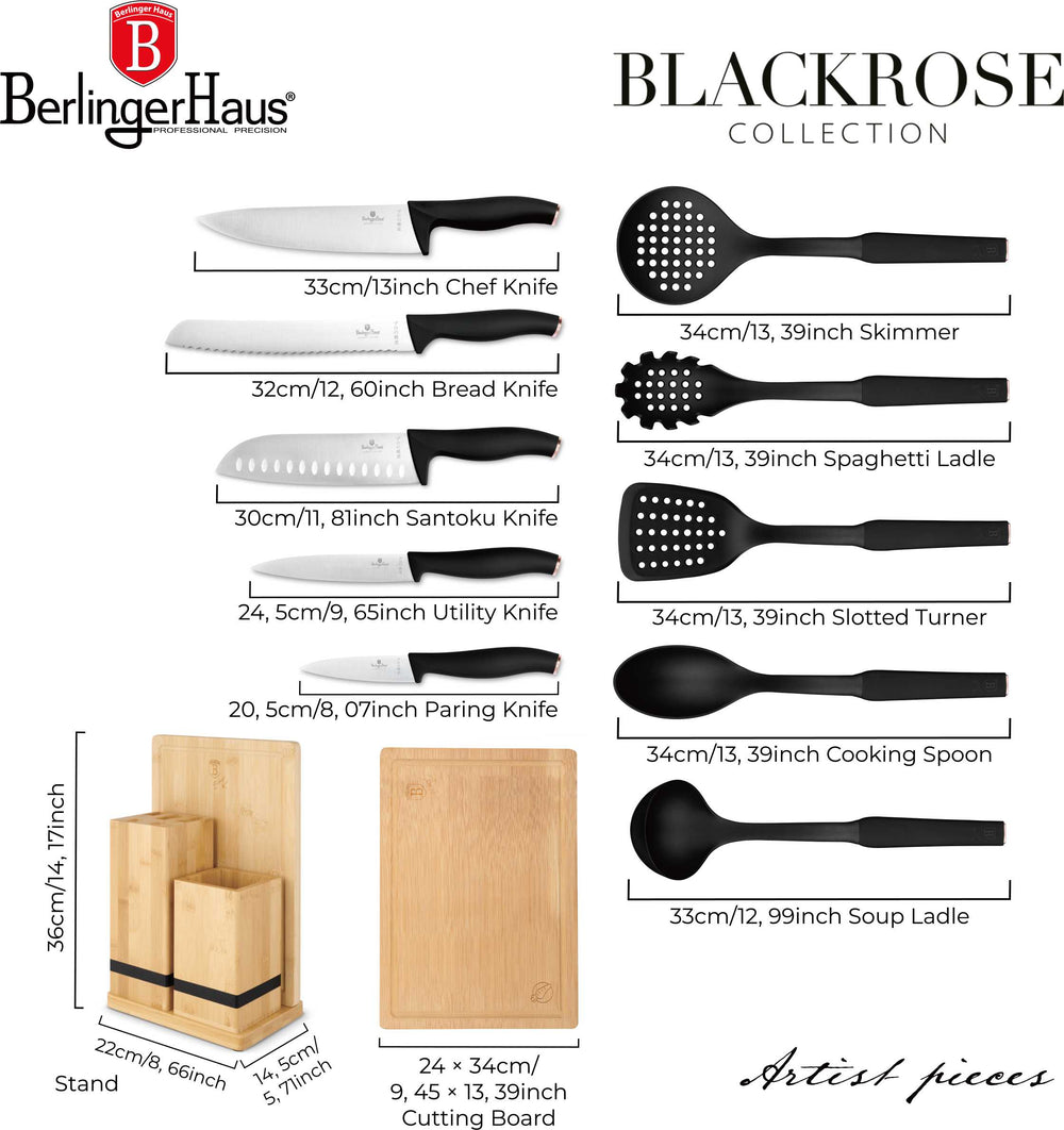 BerlingerHaus Messerblock mit Küchenutensilien Set & Schneidebrett Schwarz Roségold - 12-teilig