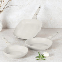 BerlingerHaus Bratpfannenset Matt Creme 3-Teilig - Bratpfanne ø 20 & 24 cm, Grillpfanne 28 cm - Geeignet für alle Wärmequellen