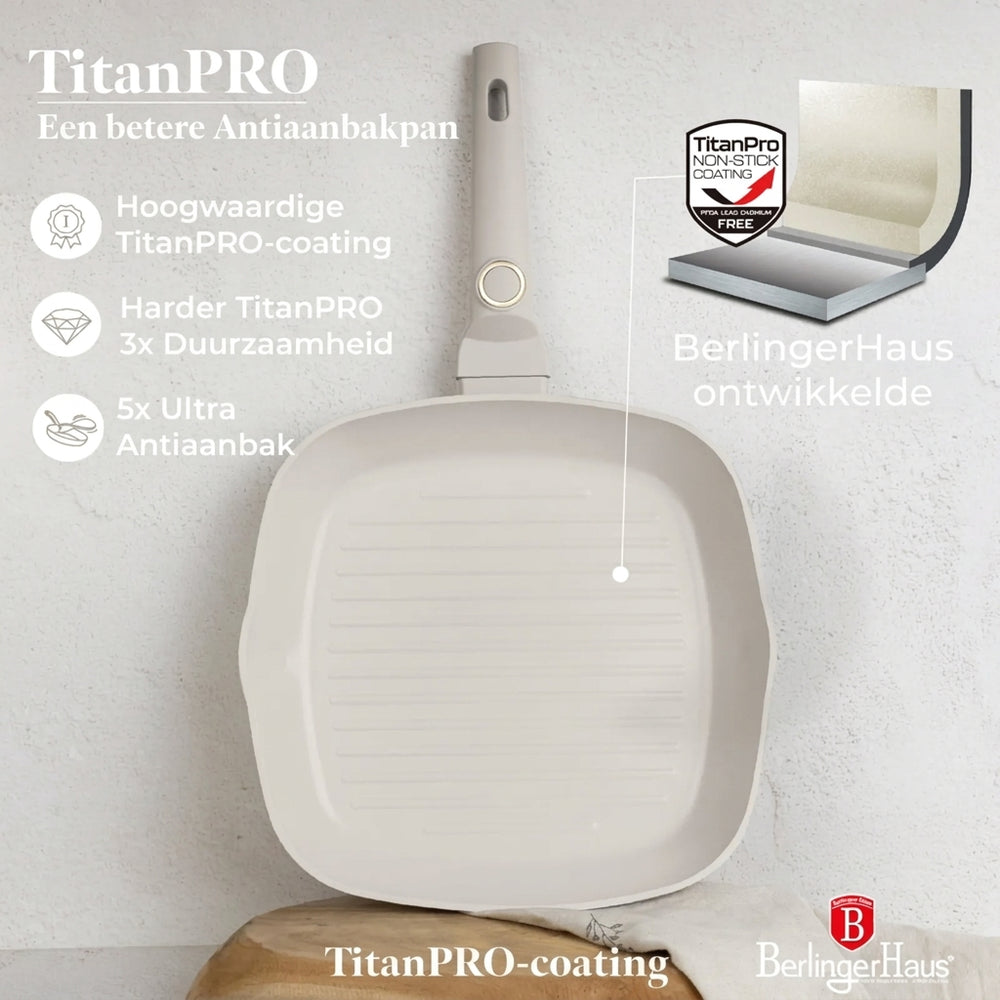 BerlingerHaus Bratpfannenset Matt Creme 3-Teilig - Bratpfanne ø 20 & 24 cm, Grillpfanne 28 cm - Geeignet für alle Wärmequellen