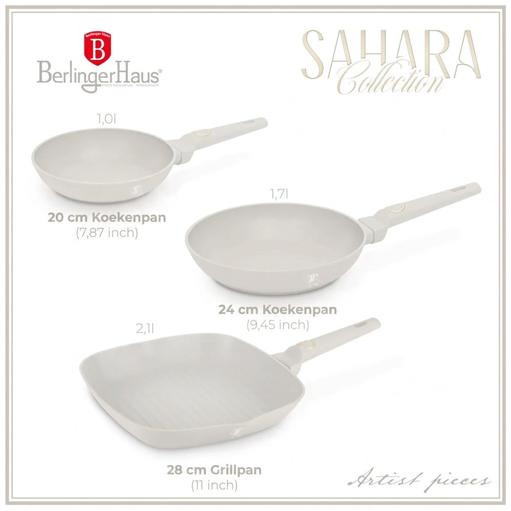 BerlingerHaus Bratpfannenset Matt Creme 3-Teilig - Bratpfanne ø 20 & 24 cm, Grillpfanne 28 cm - Geeignet für alle Wärmequellen