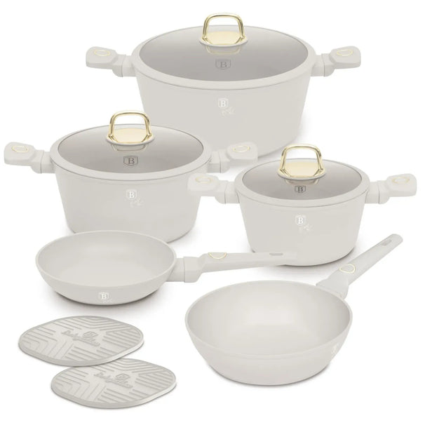BerlingerHaus Topfset Matt Creme 7-Teilig - Kochtopf ø 20, 24, 28 cm & Bratpfanne ø 20, 24 cm - geeignet für alle Wärmequellen