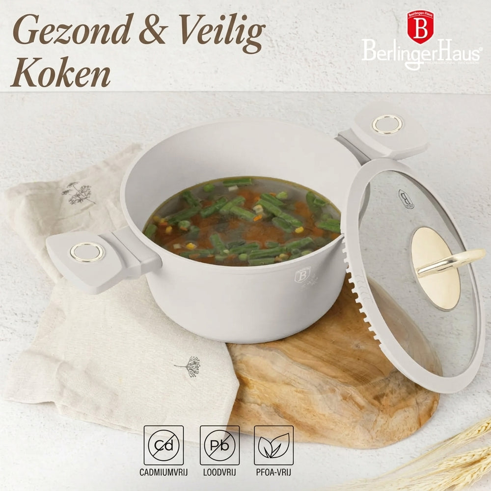 BerlingerHaus Topfset Matt Creme 7-Teilig - Kochtopf ø 20, 24, 28 cm & Bratpfanne ø 20, 24 cm - geeignet für alle Wärmequellen