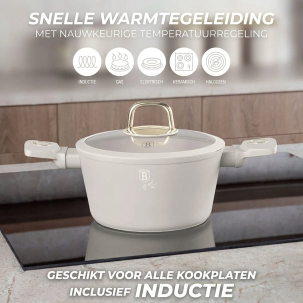 BerlingerHaus Topfset Matt Creme 7-Teilig - Kochtopf ø 20, 24, 28 cm & Bratpfanne ø 20, 24 cm - geeignet für alle Wärmequellen