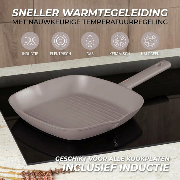 BerlingerHaus Bratpfannenset Taupe 3-Teilig - Bratpfanne ø 20 & 24 cm, Grillpfanne 28 cm - Geeignet für alle Wärmequellen