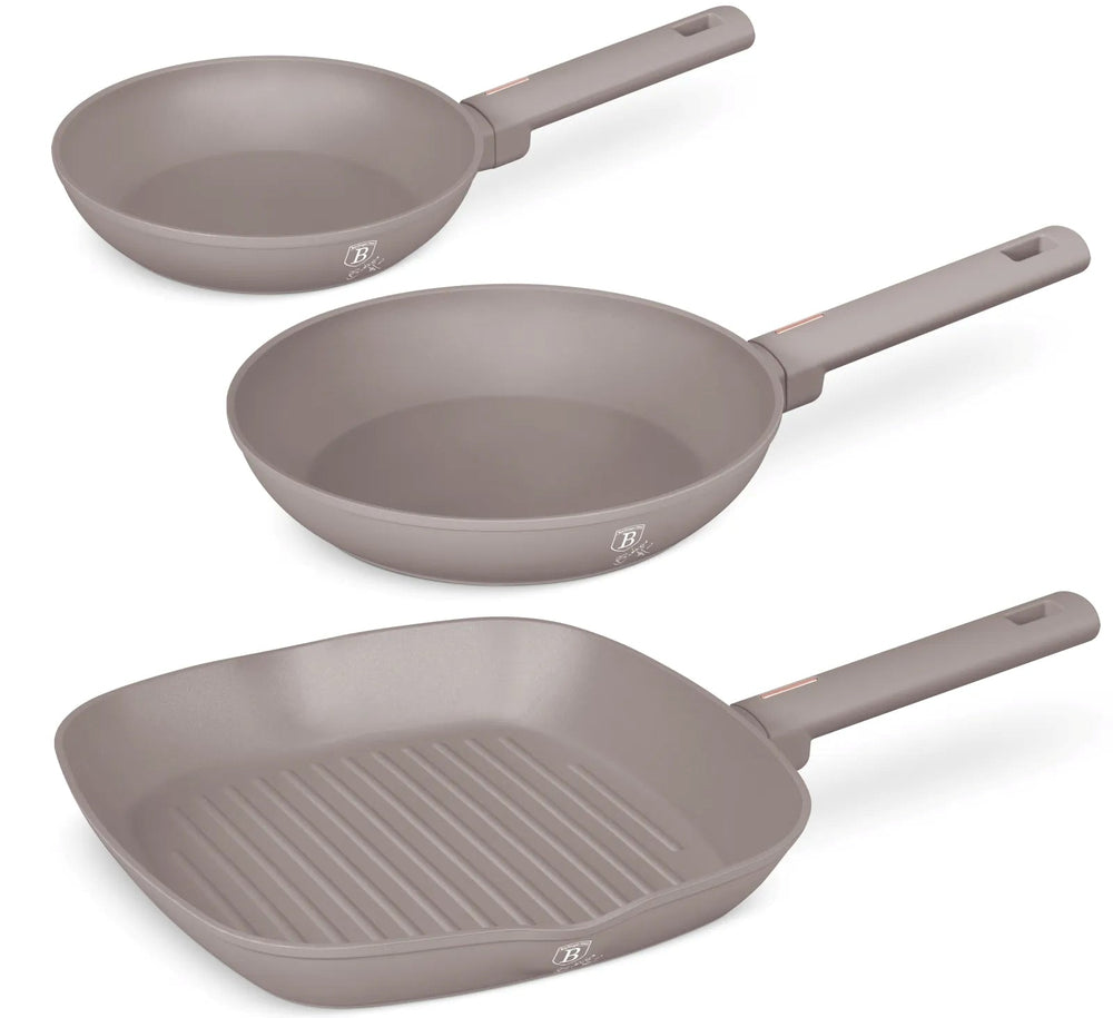 BerlingerHaus Bratpfannenset Taupe 3-Teilig - Bratpfanne ø 20 & 24 cm, Grillpfanne 28 cm - Geeignet für alle Wärmequellen