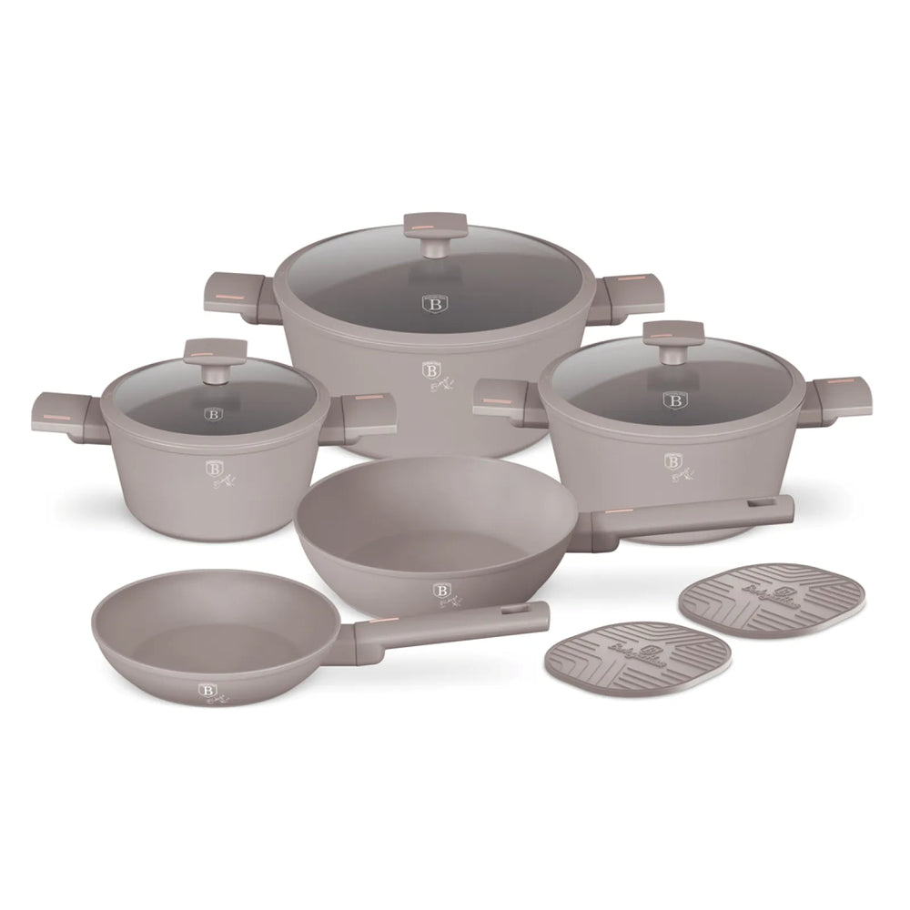 BerlingerHaus Topfset Taupe 7-Teilig - Kochtopf ø 20, 24, 28 cm & Bratpfanne ø 20, 24 cm - geeignet für alle Wärmequellen