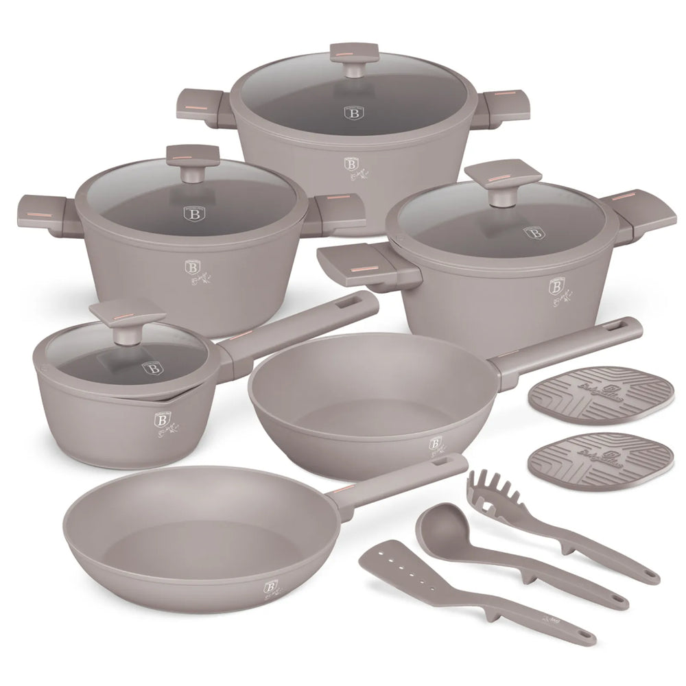 BerlingerHaus Pannenset Taupe 11-Delig - Kochtopf ø 20, 24, 28 cm, Bratpfanne ø 24, 28 cm & Stieltopf ø 16 cm - geeignet für alle Wärmequellen