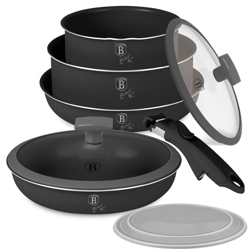 BerlingerHaus Pannenset Click-it Matt Anthrazit 6-delig - Kochtopf ø 16 & 20 cm, Bratpfanne ø 20 & 24 cm - geeignet für alle Wärmequellen