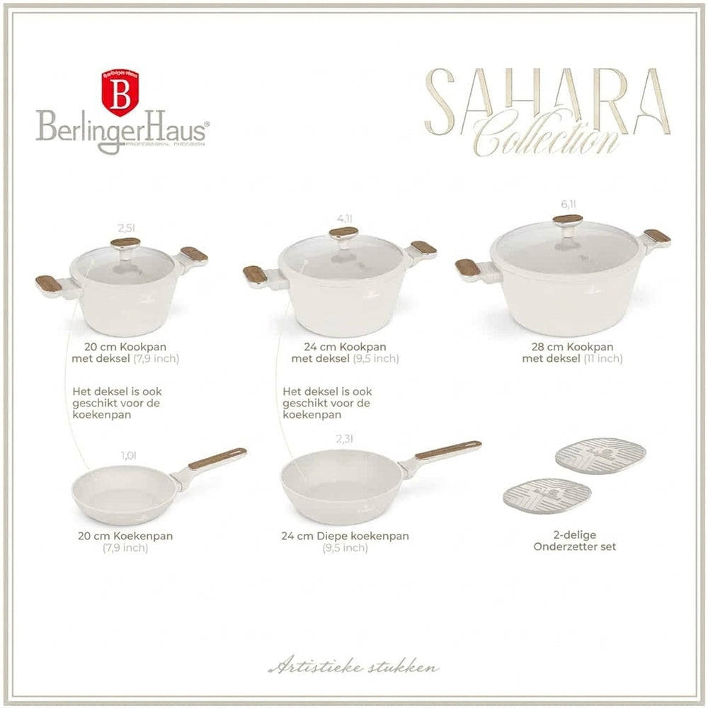 BerlingerHaus Topfset Nordic Mat Crème 7-Teilig - Kochtopf ø 20, 24, 28 cm & Bratpfanne ø 20, 24 cm - geeignet für alle Wärmequellen