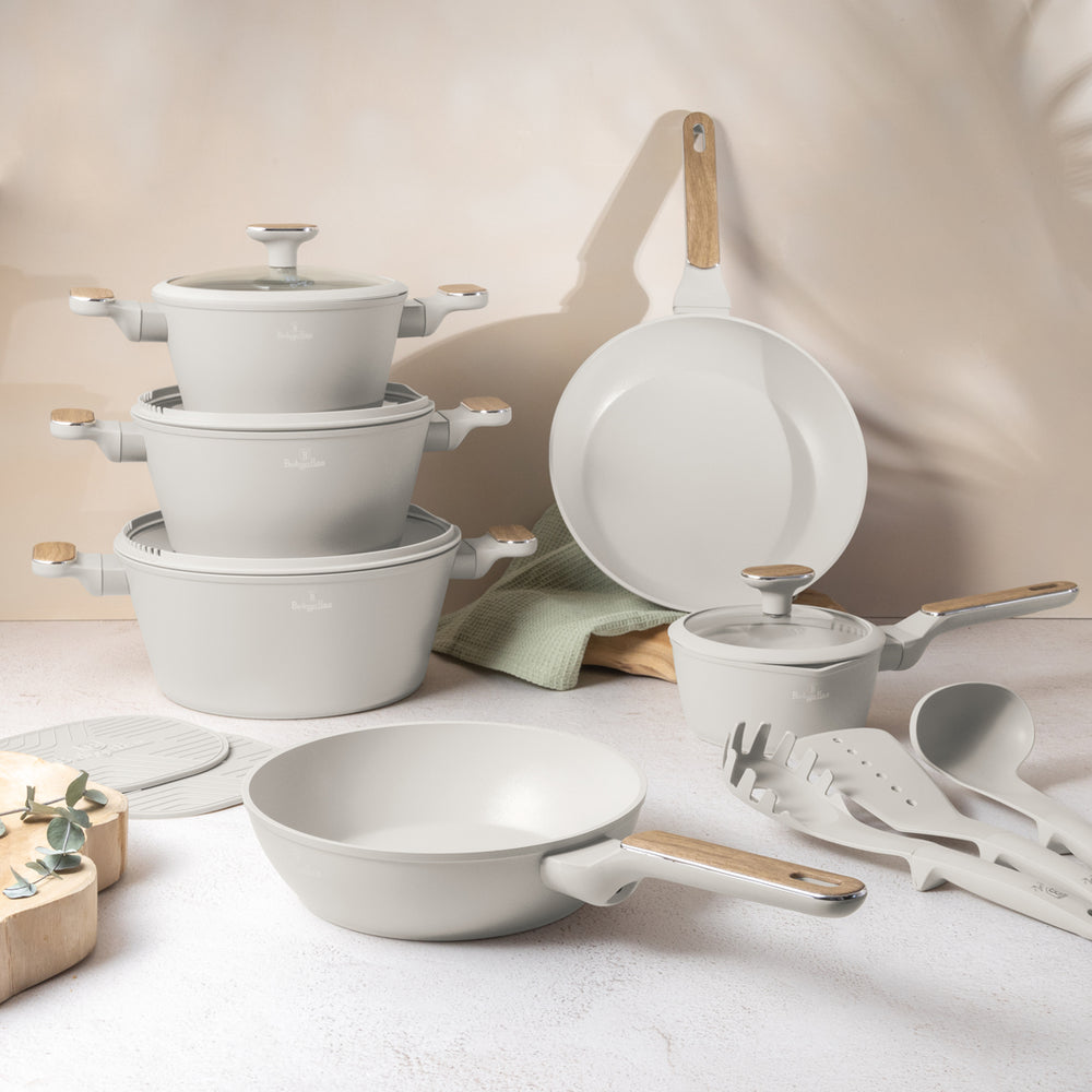 BerlingerHaus Topfset Nordic Matt Crème 11-Teilig - Kochtopf ø 20, 24, 28 cm, Bratpfanne ø 24, 28 cm & Stielkasserolle ø 16 cm - geeignet für alle Wärmequellen