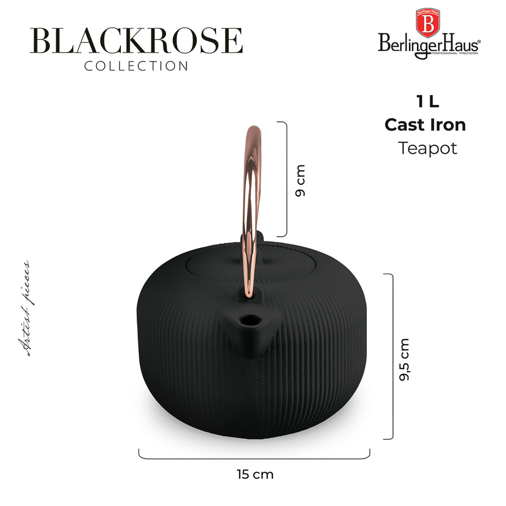 BerlingerHaus Teekanne mit Edelstahlfilter - Gusseisen Schwarz Roségold - 1 Liter