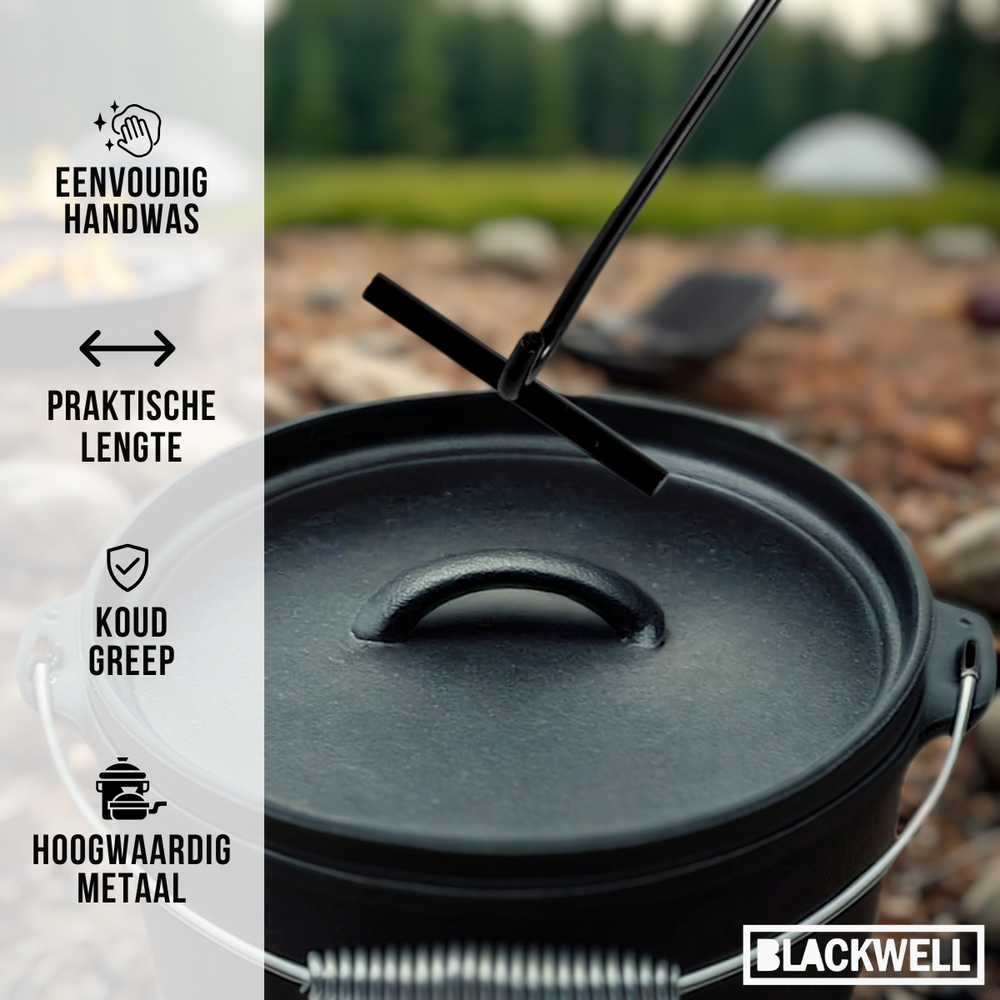 Blackwell Dutch Oven BBQ Set aus Gusseisen – Schmortopf + Heber, Bratpfanne Ø 20 cm & Grillplatte Ø 30 cm – 4-teilig – geeignet für alle Herdarten