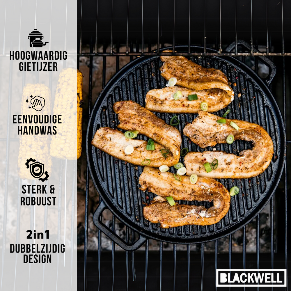 Blackwell Pfannenset aus Gusseisen – Bratpfannen 16, 20 & 25 cm & Grillplatte Ø 30 cm – 4-teilig – geeignet für alle Herdarten