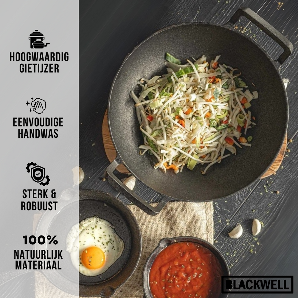 Blackwell Pfannenset aus Gusseisen – Grillpfanne 23 x 23 cm, Bratpfanne Ø 25 cm & Wok Ø 32 cm – 3-teilig – geeignet für alle Herdarten