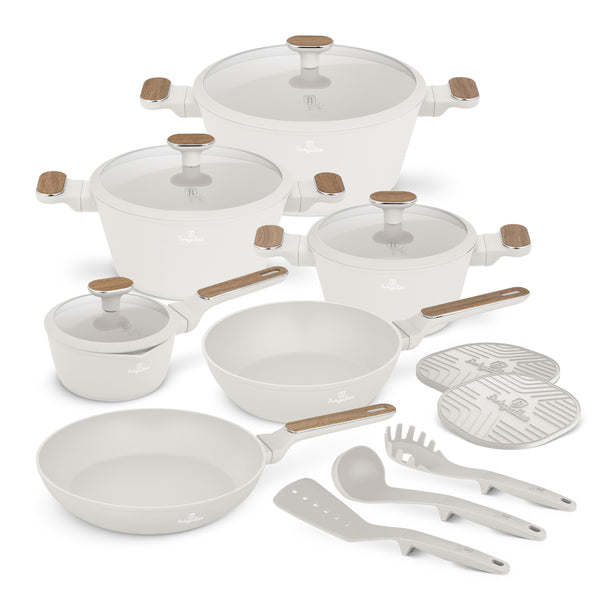 BerlingerHaus Topfset Nordic Matt Crème 11-Teilig - Kochtopf ø 20, 24, 28 cm, Bratpfanne ø 24, 28 cm & Stielkasserolle ø 16 cm - geeignet für alle Wärmequellen
