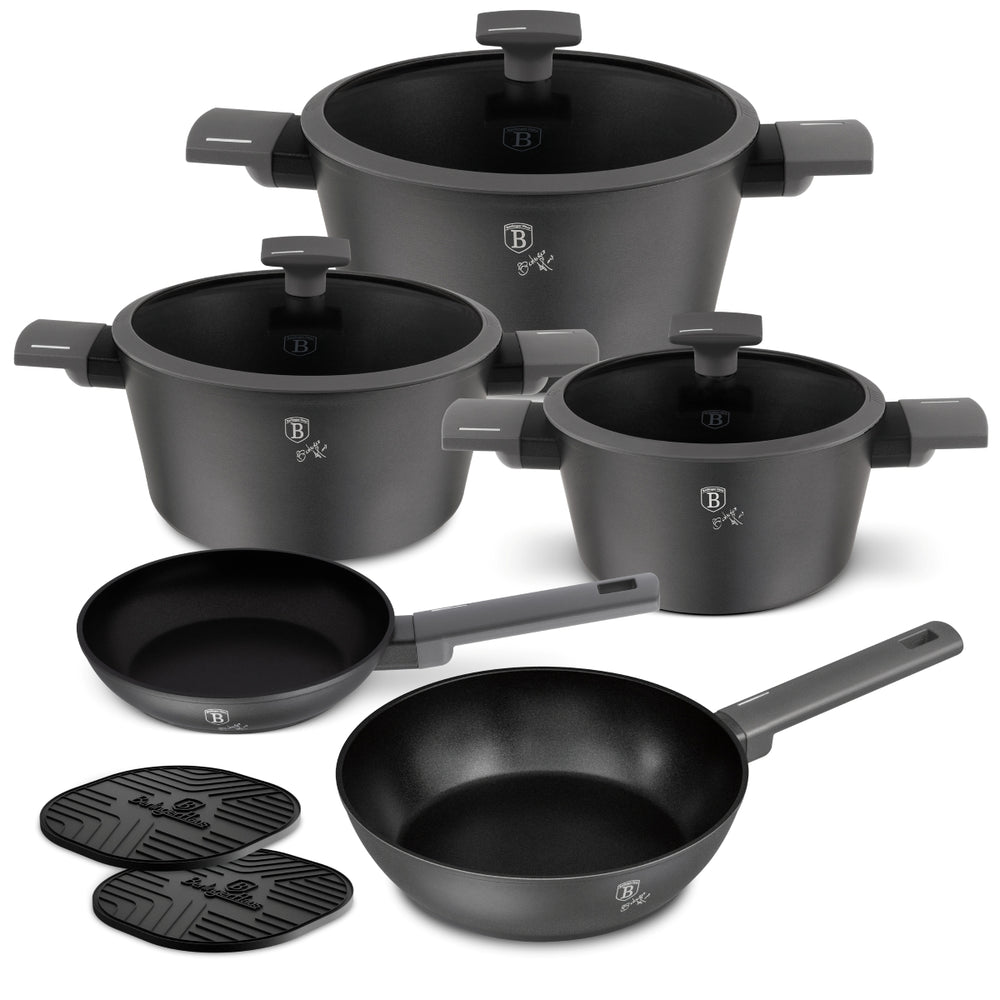 BerlingerHaus Pannenset Matt Anthrazit 7-Delig - Kochtopf ø 20, 24, 28 cm, Bratpfanne ø 20 & 24 cm - geeignet für alle Wärmequellen