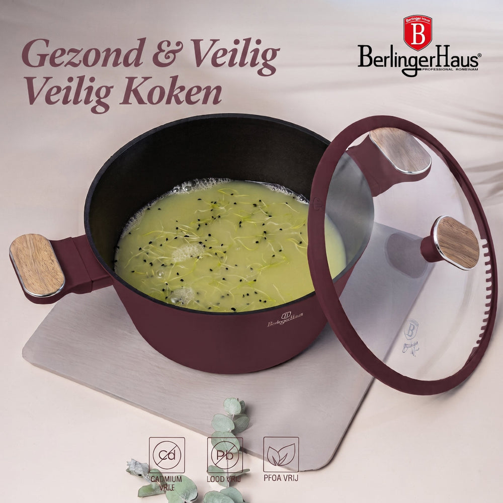 BerlingerHaus Topfset Nordic Matt Bordeaux 11-teilig - Kochtopf ø 20, 24, 28 cm, Bratpfanne ø 24, 28 cm & Stielkasserolle ø 16 cm - Geeignet für alle Wärmequellen
