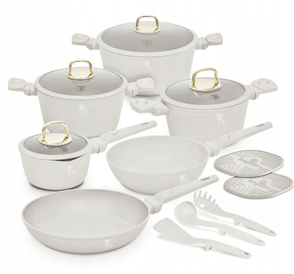 BerlingerHaus Pannenset Matt Crème 11-Delig - Kochtopf ø 20, 24, 28 cm, Bratpfanne ø 24, 28 cm & Stieltopf ø 16 cm - geeignet für alle Wärmequellen