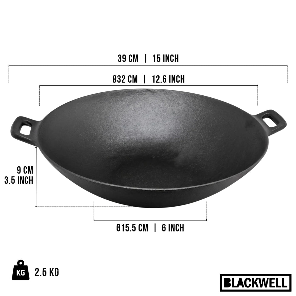 Blackwell Wokpfanne Gusseisen Ø 32 cm / 3.3 Liter – ohne Antihaftbeschichtung – geeignet für alle Wärmequellen